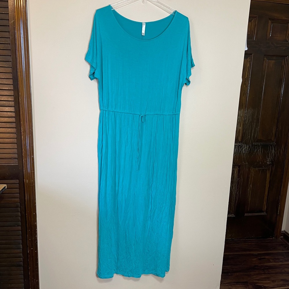 Tua Plus Womens Teal Short Sleeve Drawstring Waist Viscose Maxi Dress 3X